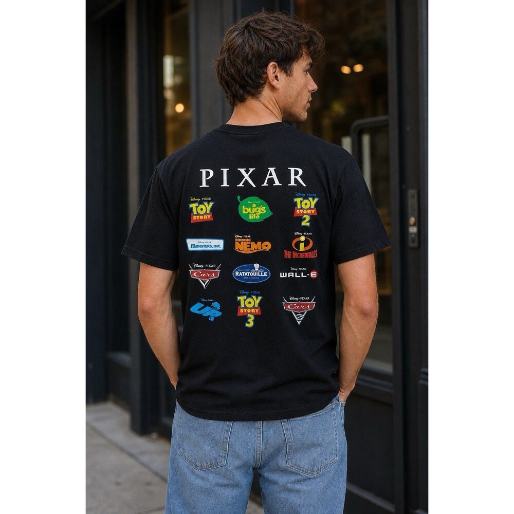 Disney Pixar Mens S Black T Shirt Movie Logos Toy Story Cars Nemo WALL-E